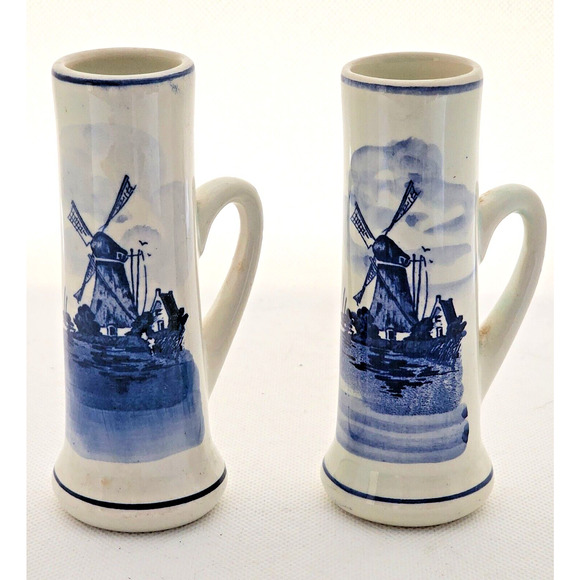 DELFTS HOLLAND-Shot Glasses-Blue White-Windmill-Handles-Set of 2 - Picture 1 of 9